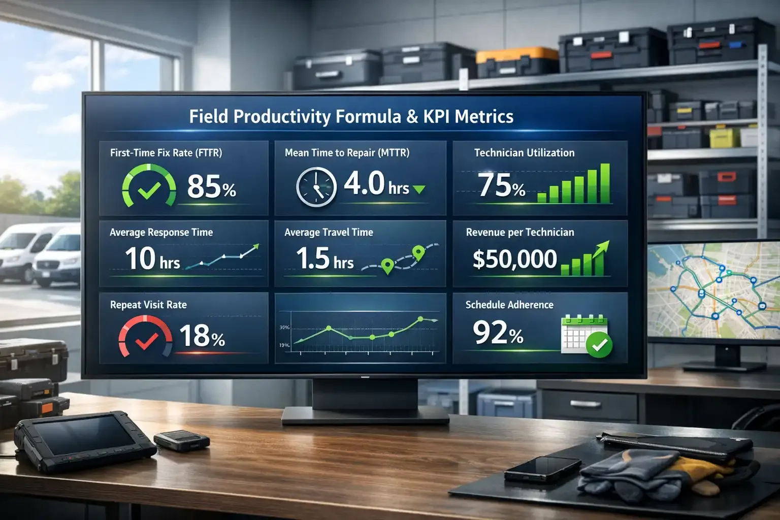 Field service KPI dashboard in modern operations control room